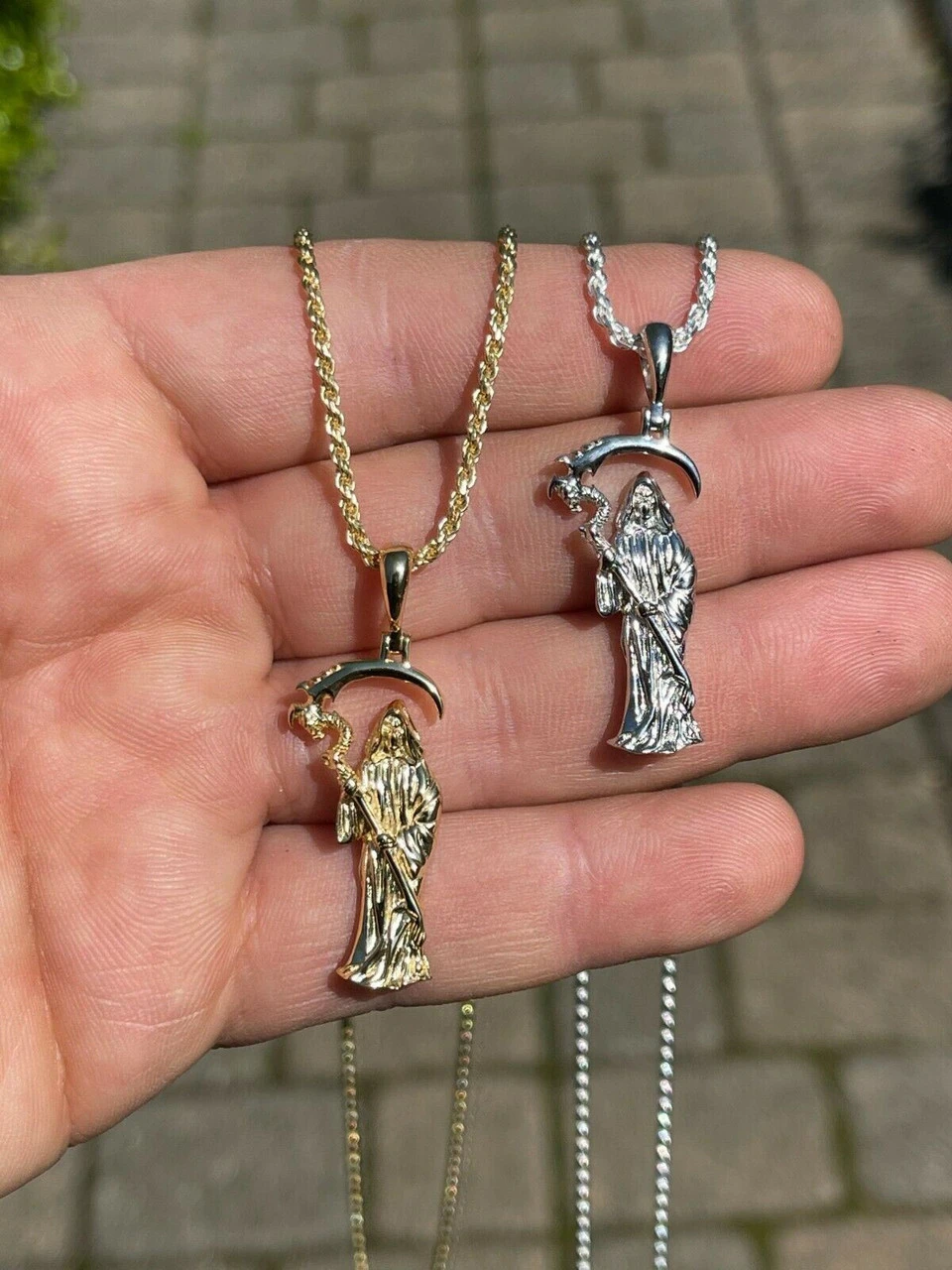 Real 925 Sterling Silver Gold Santa Muerte Grim Reaper Death Pendant Necklace 4 Real 925 Sterling Silver Gold Santa Muerte Grim Reaper Death Pendant Necklace - Image 2