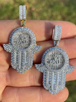 Real 925 Sterling Silver Hip Hop Iced Hand Of Fatima W. Islamic Allah Sign Gold