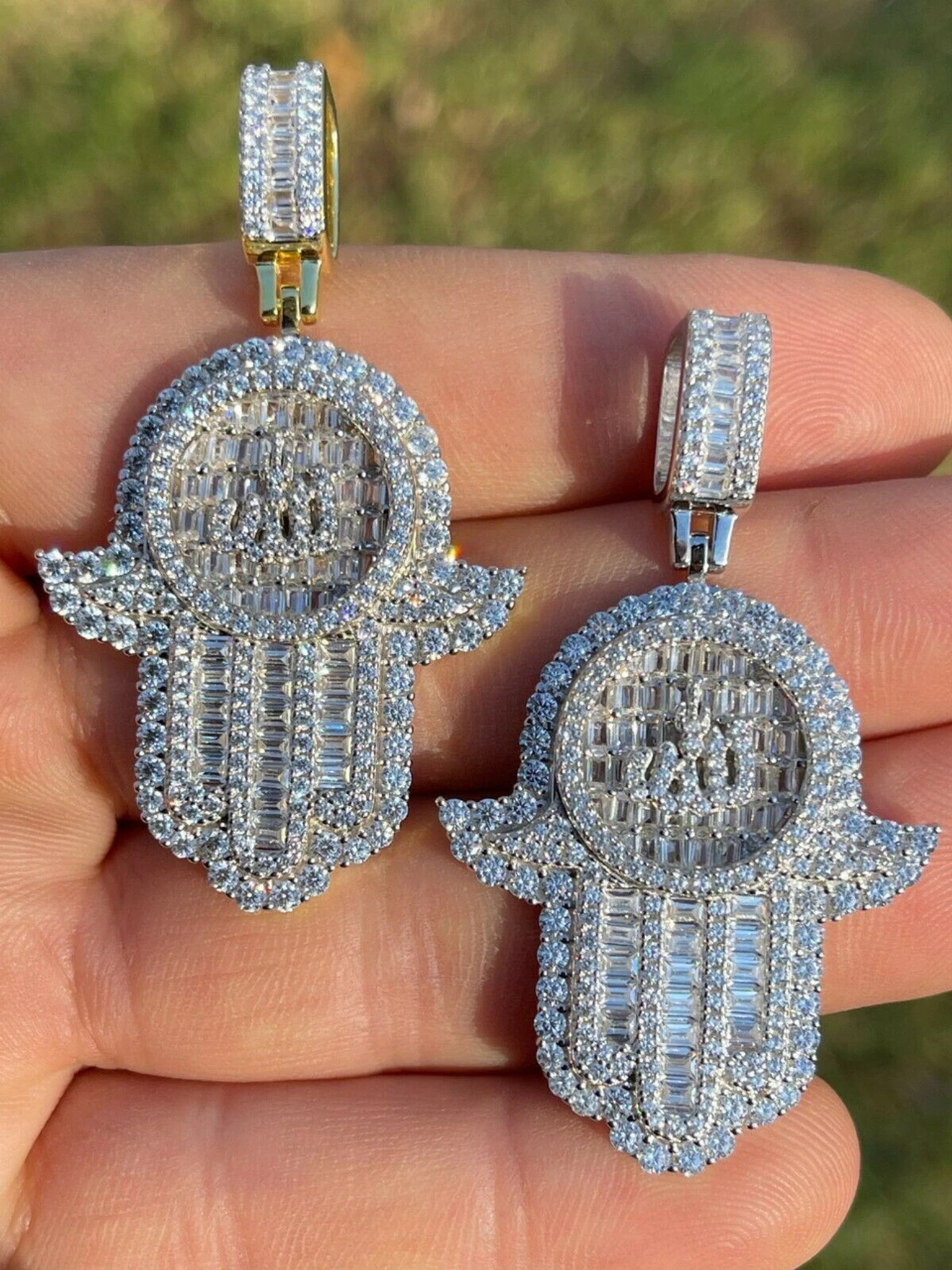 Real 925 Sterling Silver Hip Hop Iced Hand Of Fatima W. Islamic Allah Sign Gold 3 Real 925 Sterling Silver Hip Hop Iced Hand Of Fatima W. Islamic Allah Sign Gold