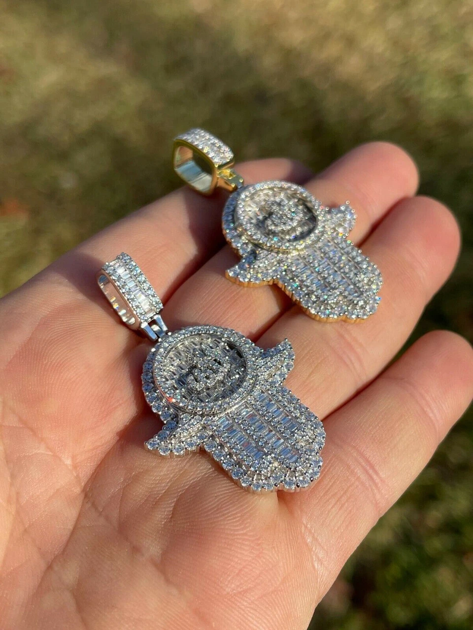 Real 925 Sterling Silver Hip Hop Iced Hand Of Fatima W. Islamic Allah Sign Gold 4 Real 925 Sterling Silver Hip Hop Iced Hand Of Fatima W. Islamic Allah Sign Gold - Image 2