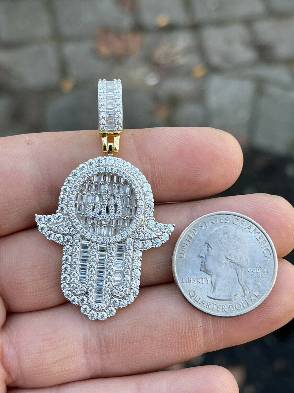 Real 925 Sterling Silver Hip Hop Iced Hand Of Fatima W. Islamic Allah Sign Gold 14 Real 925 Sterling Silver Hip Hop Iced Hand Of Fatima W. Islamic Allah Sign Gold - Image 12