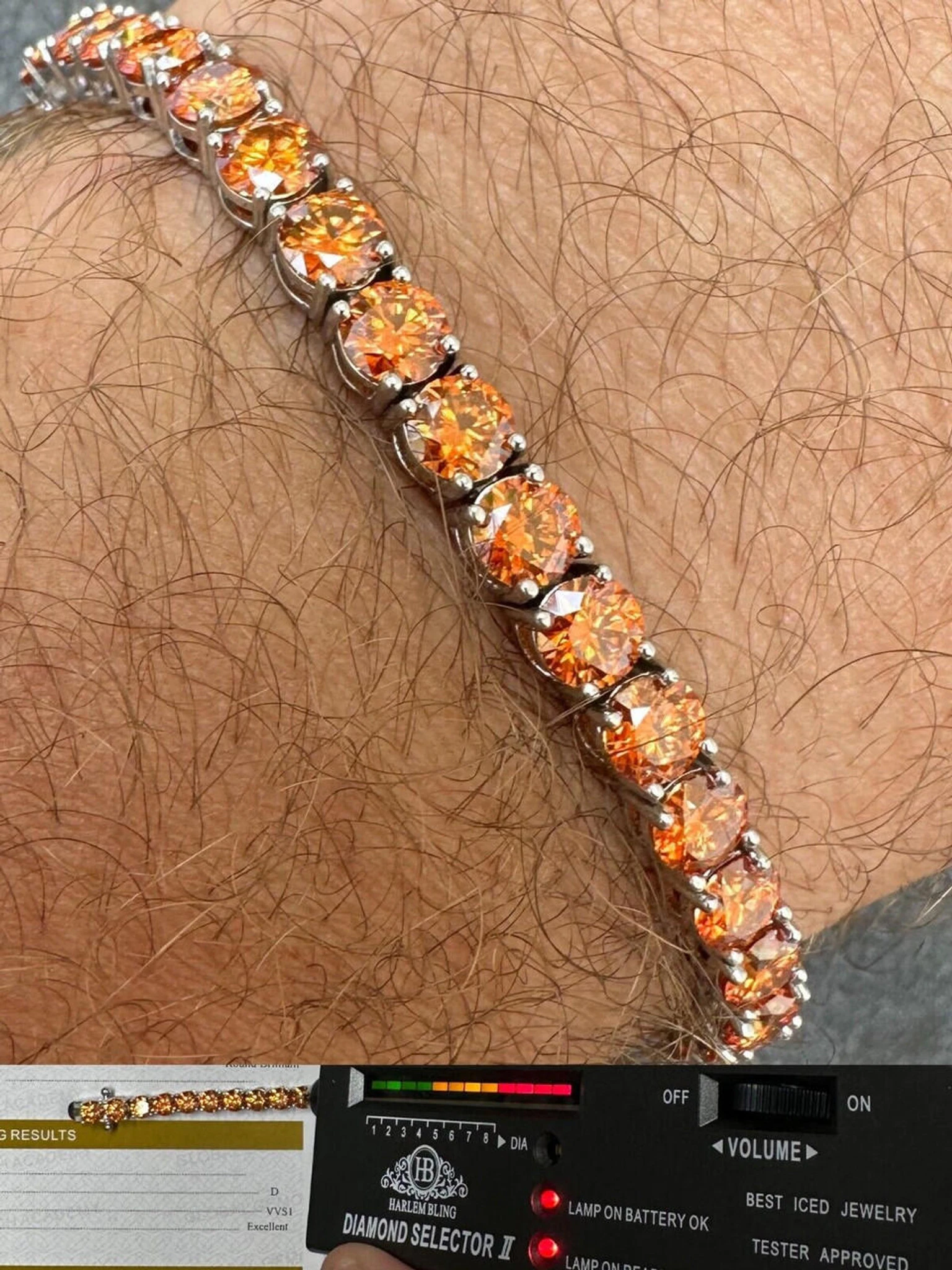 Real Iced Orange MOISSANITE 5mm Tennis Bracelet 925 Silver Pass Diamond Test 3 Real Iced Orange MOISSANITE 5mm Tennis Bracelet 925 Silver Pass Diamond Test