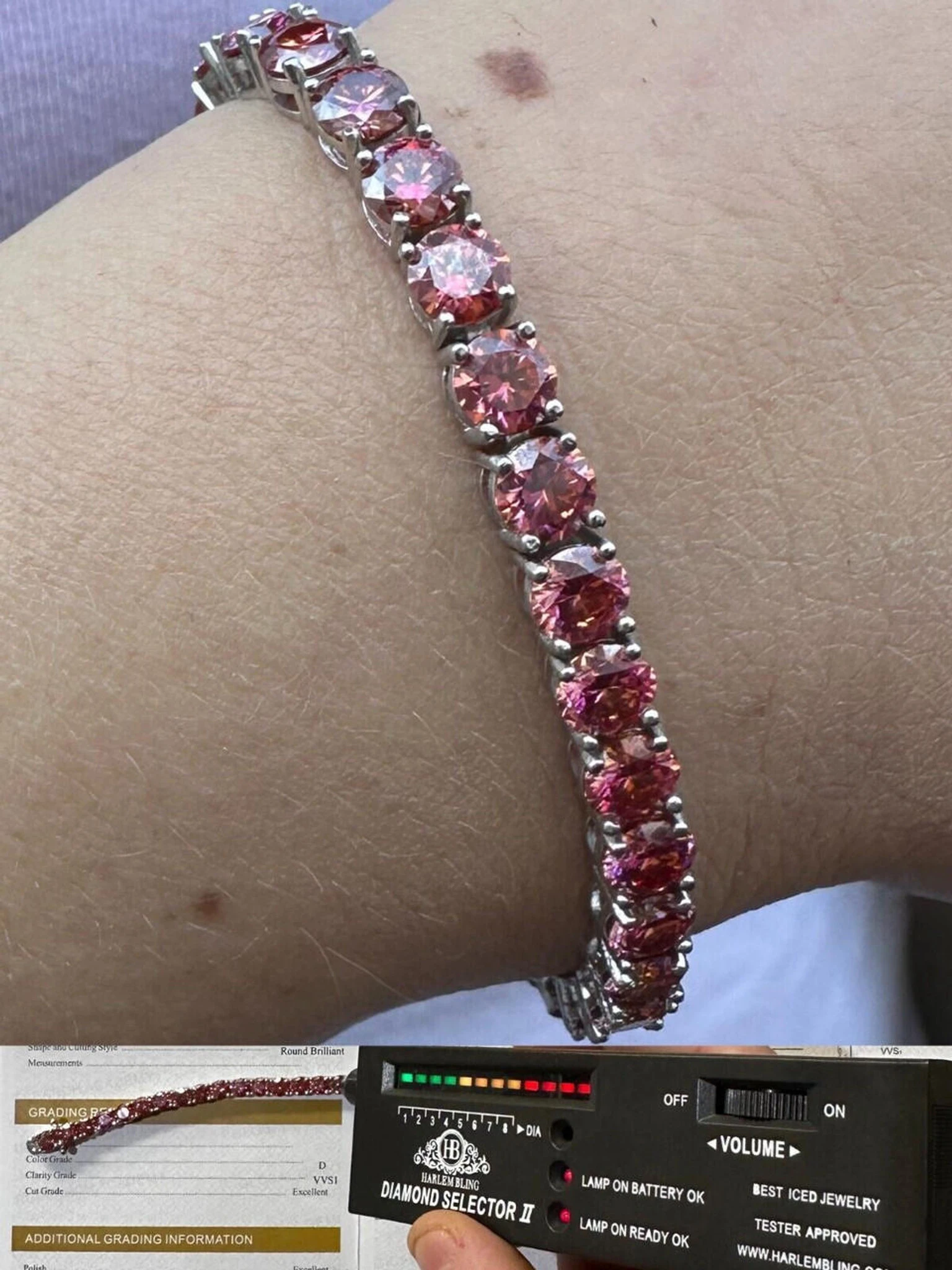 Real Iced Pink MOISSANITE 5mm Tennis Bracelet 925 Silver Pass Diamond Test 3 Real Iced Pink MOISSANITE 5mm Tennis Bracelet 925 Silver Pass Diamond Test