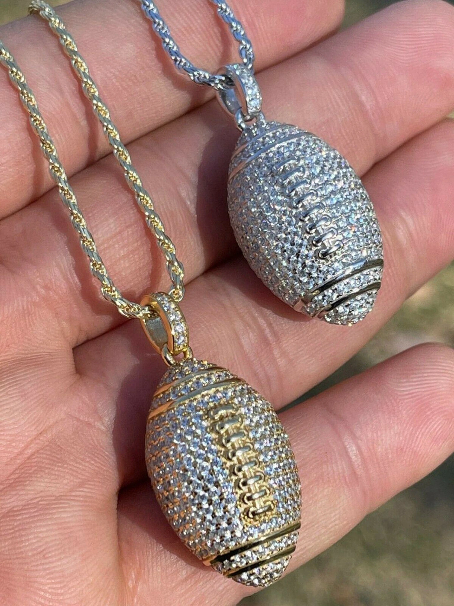 Real Men's Football Pendant Solid 925 Sterling Silver Gold Necklace Iced Hip Hop 3 Real Men's Football Pendant Solid 925 Sterling Silver Gold Necklace Iced Hip Hop