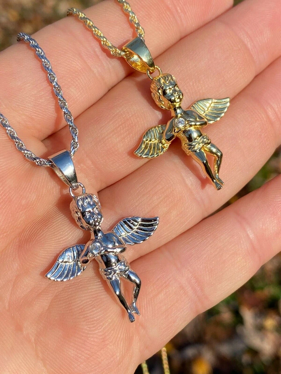 Real Solid 925 Silver Micro Angel Cherub Hip Hop Pendant Gold Necklace Praying 4 Real Solid 925 Silver Micro Angel Cherub Hip Hop Pendant Gold Necklace Praying - Image 2