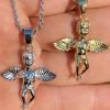 Real Solid 925 Silver Micro Angel Cherub Hip Hop Pendant Gold Necklace Praying