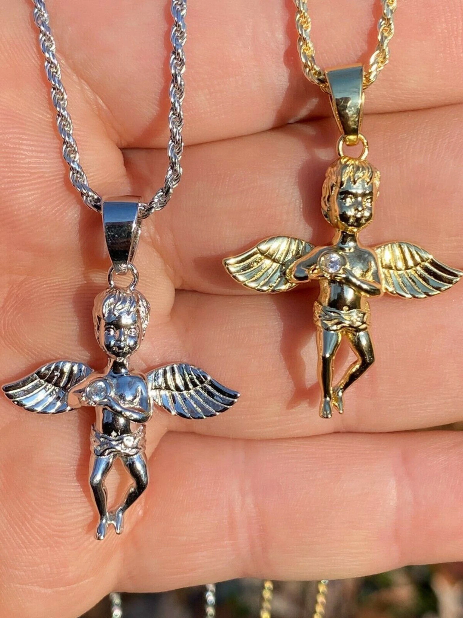 Real Solid 925 Silver Micro Angel Cherub Hip Hop Pendant Gold Necklace Praying 3 Real Solid 925 Silver Micro Angel Cherub Hip Hop Pendant Gold Necklace Praying