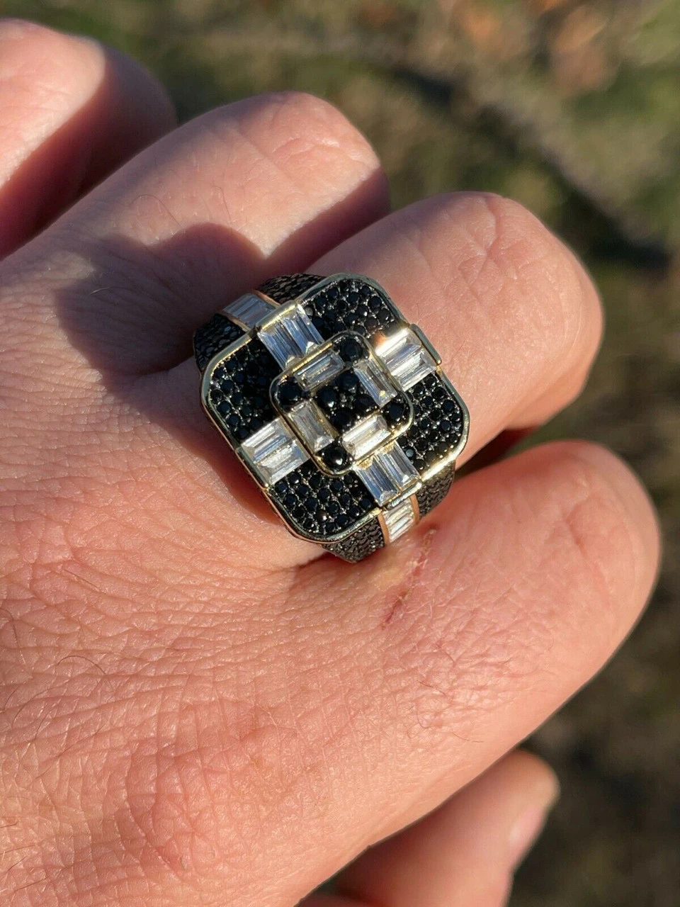 Real Solid 925 Sterling Silver & Gold Men's Baguette Black Diamond Ring Hip Hop 5 Real Solid 925 Sterling Silver & Gold Men's Baguette Black Diamond Ring Hip Hop - Image 3