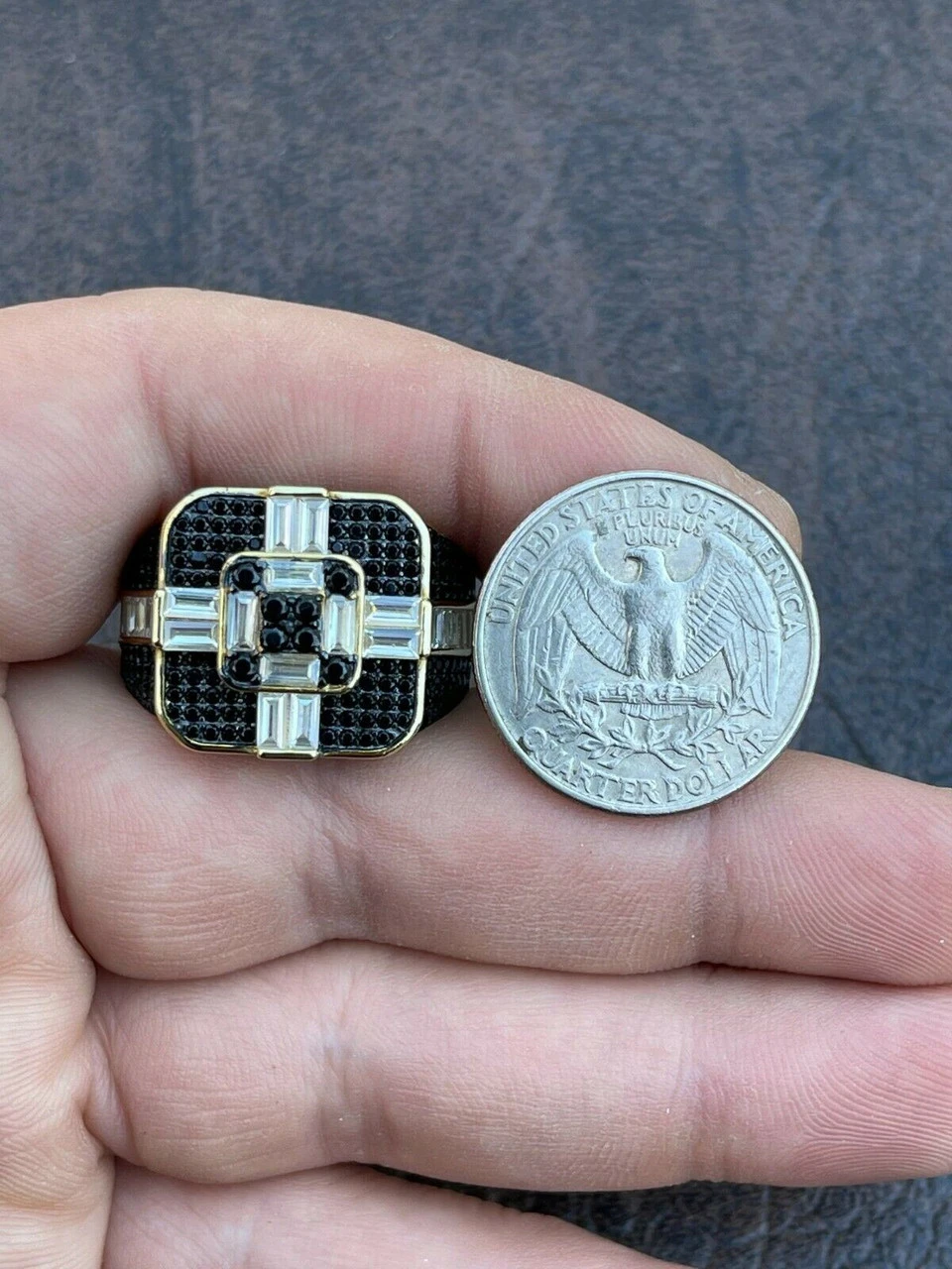 Real Solid 925 Sterling Silver & Gold Men's Baguette Black Diamond Ring Hip Hop 8 Real Solid 925 Sterling Silver & Gold Men's Baguette Black Diamond Ring Hip Hop - Image 6