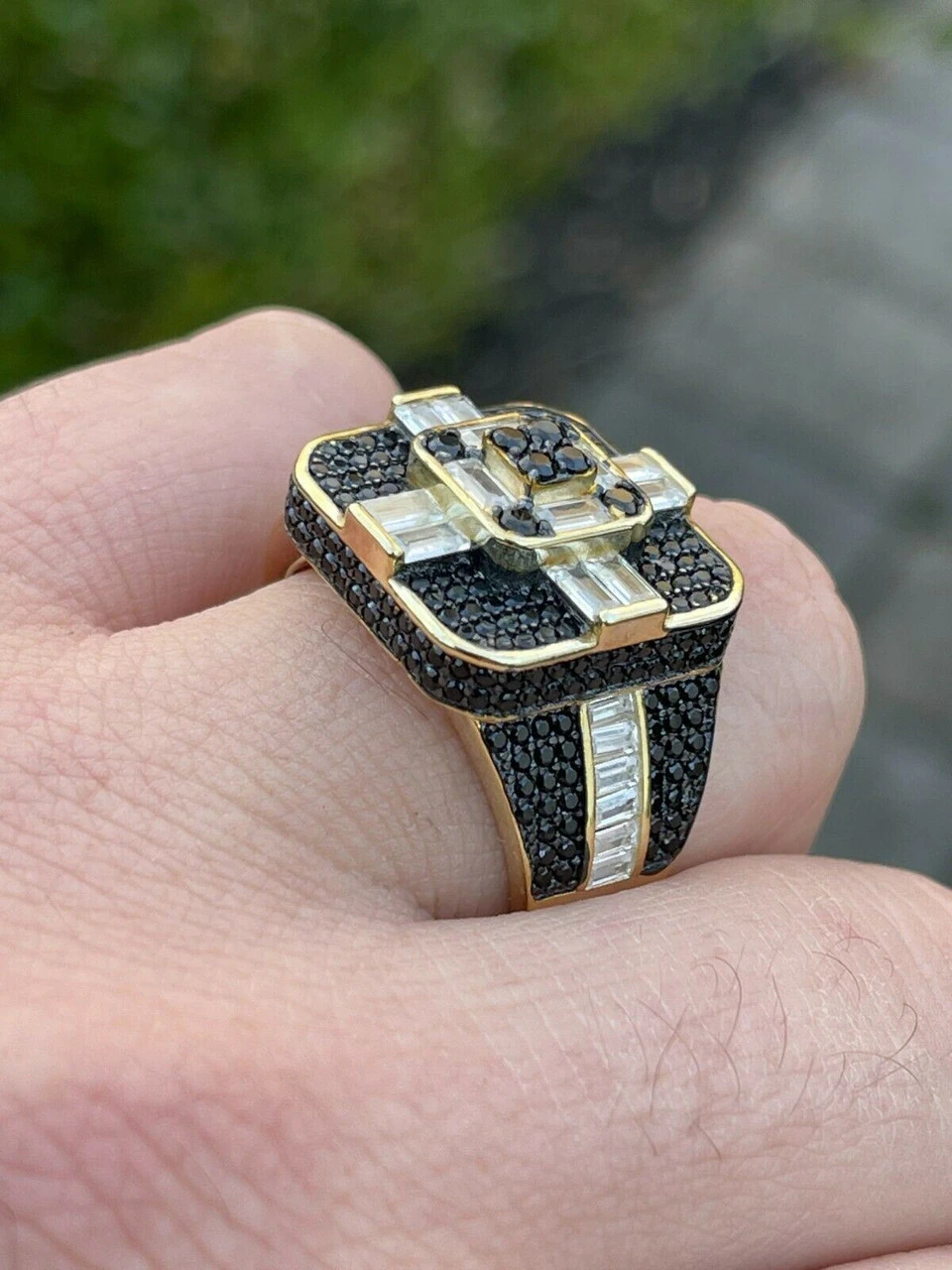 Real Solid 925 Sterling Silver & Gold Men's Baguette Black Diamond Ring Hip Hop 4 Real Solid 925 Sterling Silver & Gold Men's Baguette Black Diamond Ring Hip Hop - Image 2