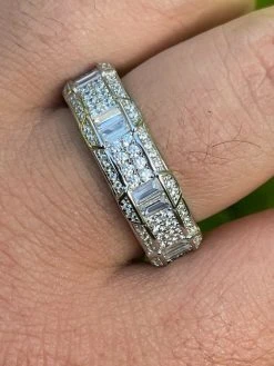 Real Solid 925 Sterling Silver Iced Baguette Diamond Wedding Band Or Pinky Ring