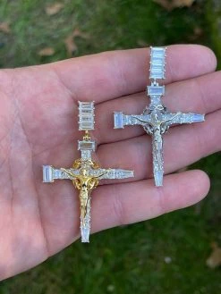 Mens 925 Silver Baguette Diamond Jesus On Nail Cross Pendant Iced Gold Crucifix 25 Mens 925 Silver Baguette Diamond Jesus On Nail Cross Pendant Iced Gold Crucifix -Harlem Bling Shop silver mens 925 silver baguette diamond jesus on nail cross pendant iced gold crucifix 41029.1664381041