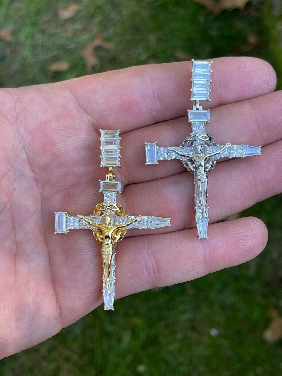 Mens 925 Silver Baguette Diamond Jesus On Nail Cross Pendant Iced Gold Crucifix 14 Mens 925 Silver Baguette Diamond Jesus On Nail Cross Pendant Iced Gold Crucifix - Image 12