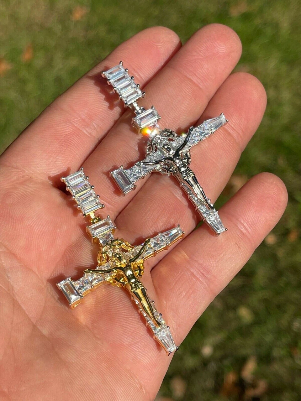 Mens 925 Silver Baguette Diamond Jesus On Nail Cross Pendant Iced Gold Crucifix 4 Mens 925 Silver Baguette Diamond Jesus On Nail Cross Pendant Iced Gold Crucifix - Image 2