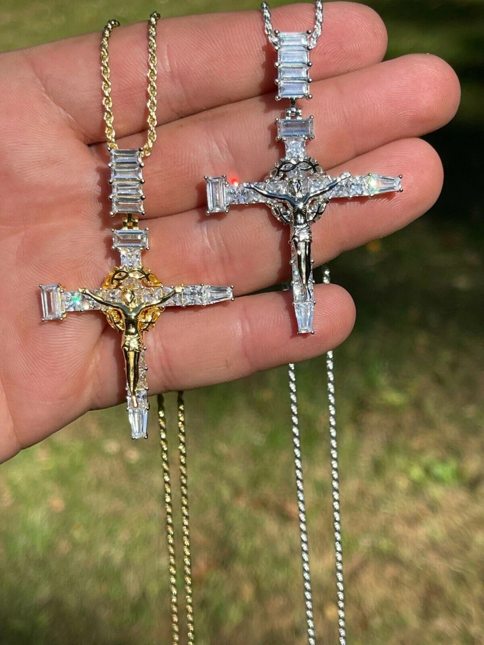 Mens 925 Silver Baguette Diamond Jesus On Nail Cross Pendant Iced Gold Crucifix 9 Mens 925 Silver Baguette Diamond Jesus On Nail Cross Pendant Iced Gold Crucifix - Image 7