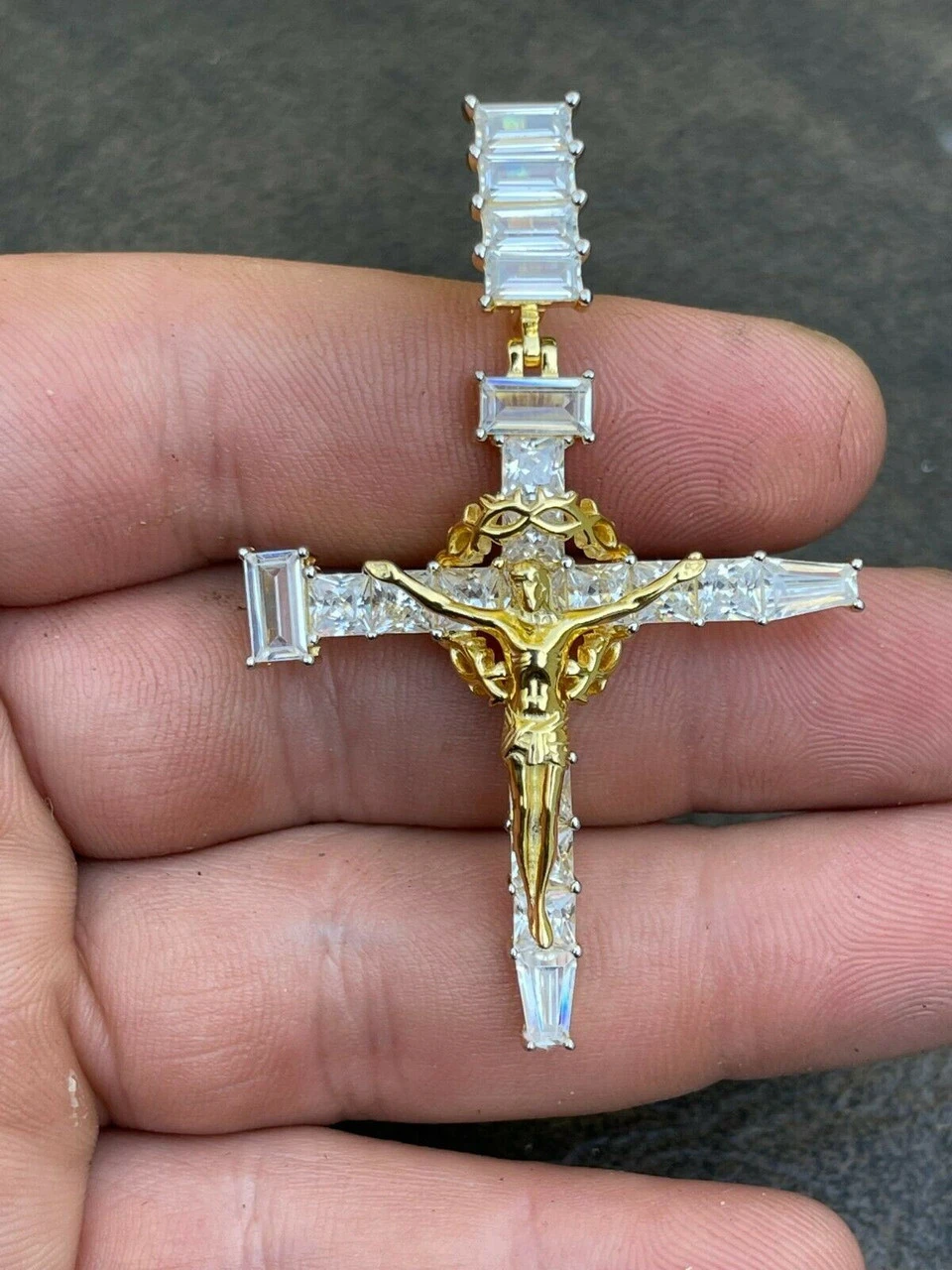 Mens 925 Silver Baguette Diamond Jesus On Nail Cross Pendant Iced Gold Crucifix 12 Mens 925 Silver Baguette Diamond Jesus On Nail Cross Pendant Iced Gold Crucifix - Image 10