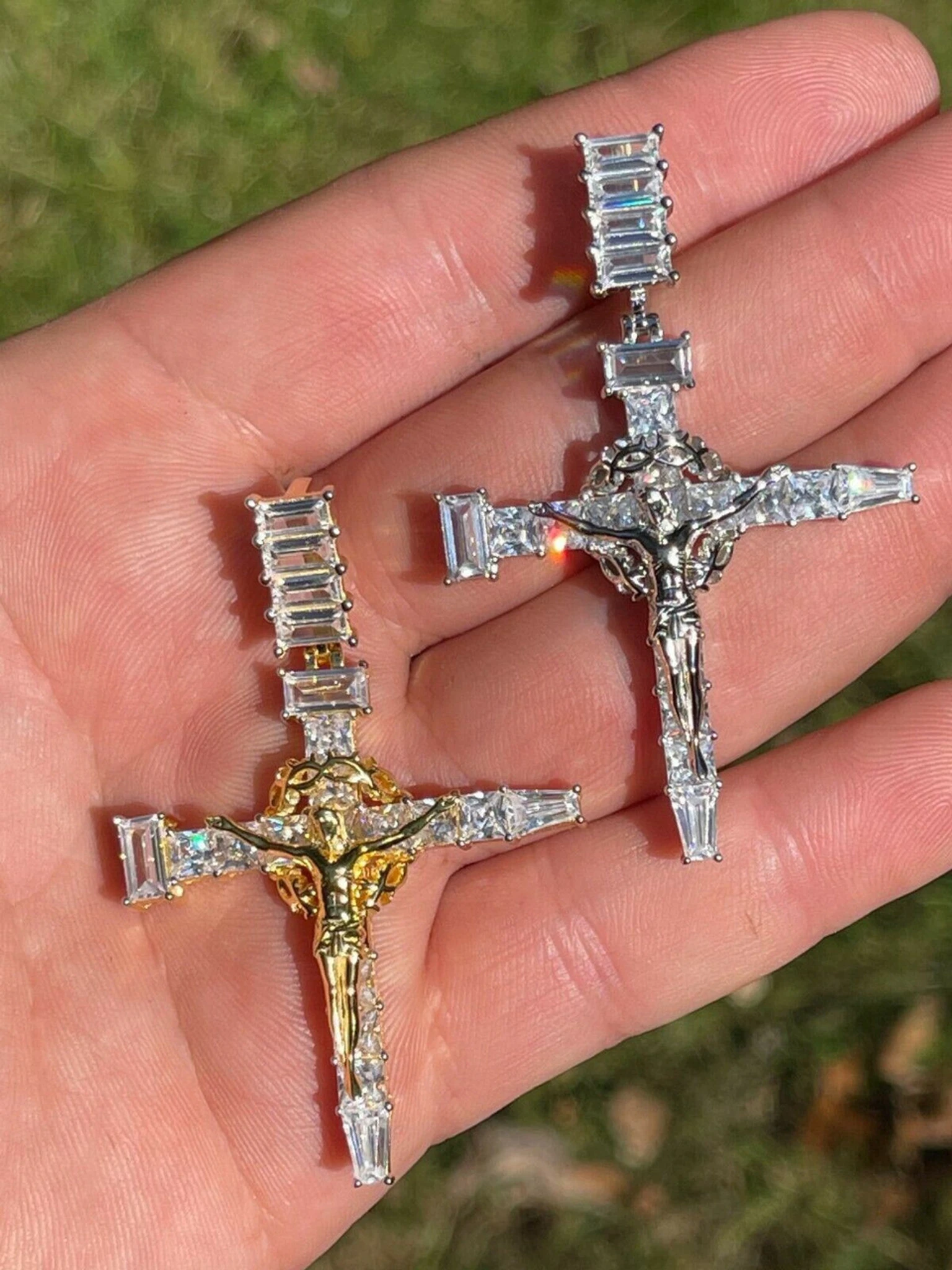 Mens 925 Silver Baguette Diamond Jesus On Nail Cross Pendant Iced Gold Crucifix 3 Mens 925 Silver Baguette Diamond Jesus On Nail Cross Pendant Iced Gold Crucifix