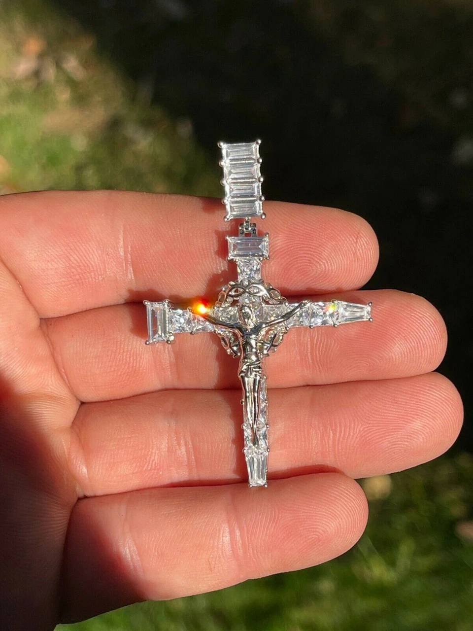 Mens 925 Silver Baguette Diamond Jesus On Nail Cross Pendant Iced Gold Crucifix 13 Mens 925 Silver Baguette Diamond Jesus On Nail Cross Pendant Iced Gold Crucifix - Image 11