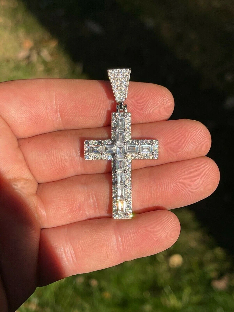 Mens 925 Sterling Baguette Diamond Tennis Cross Pendant Iced Gold Silver Hip Hop 13 Mens 925 Sterling Baguette Diamond Tennis Cross Pendant Iced Gold Silver Hip Hop - Image 11
