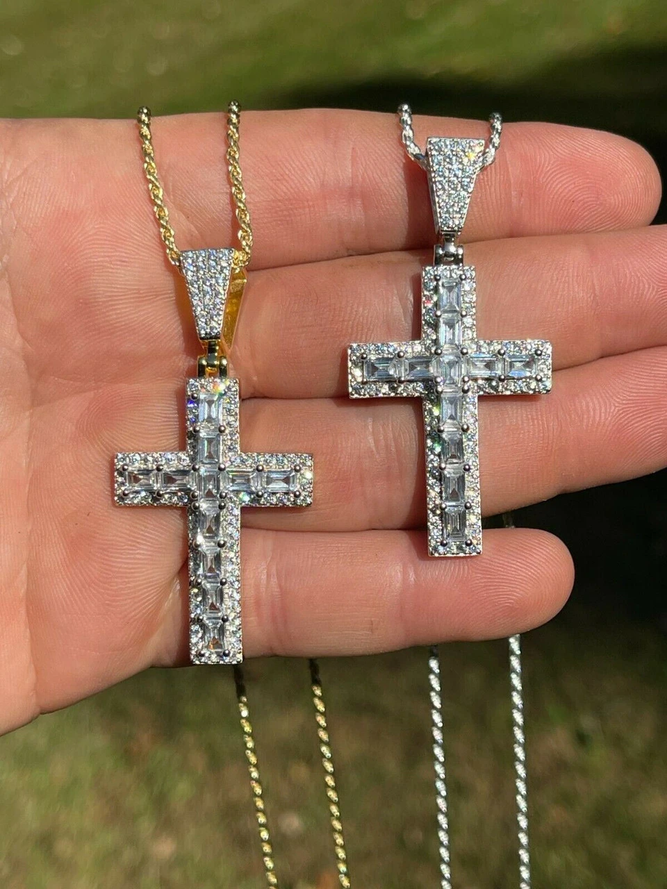 Mens 925 Sterling Baguette Diamond Tennis Cross Pendant Iced Gold Silver Hip Hop 10 Mens 925 Sterling Baguette Diamond Tennis Cross Pendant Iced Gold Silver Hip Hop - Image 8