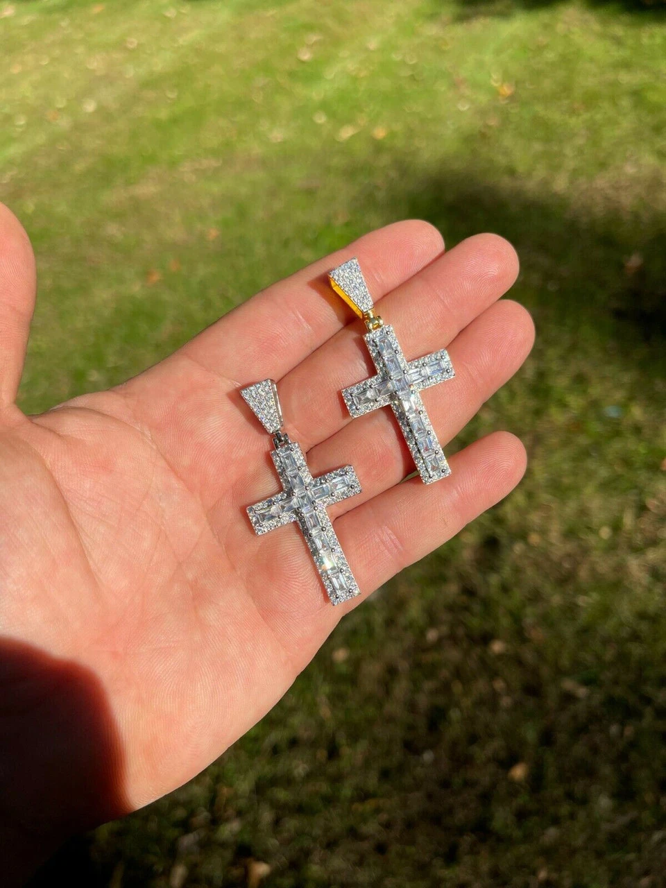 Mens 925 Sterling Baguette Diamond Tennis Cross Pendant Iced Gold Silver Hip Hop 7 Mens 925 Sterling Baguette Diamond Tennis Cross Pendant Iced Gold Silver Hip Hop - Image 5