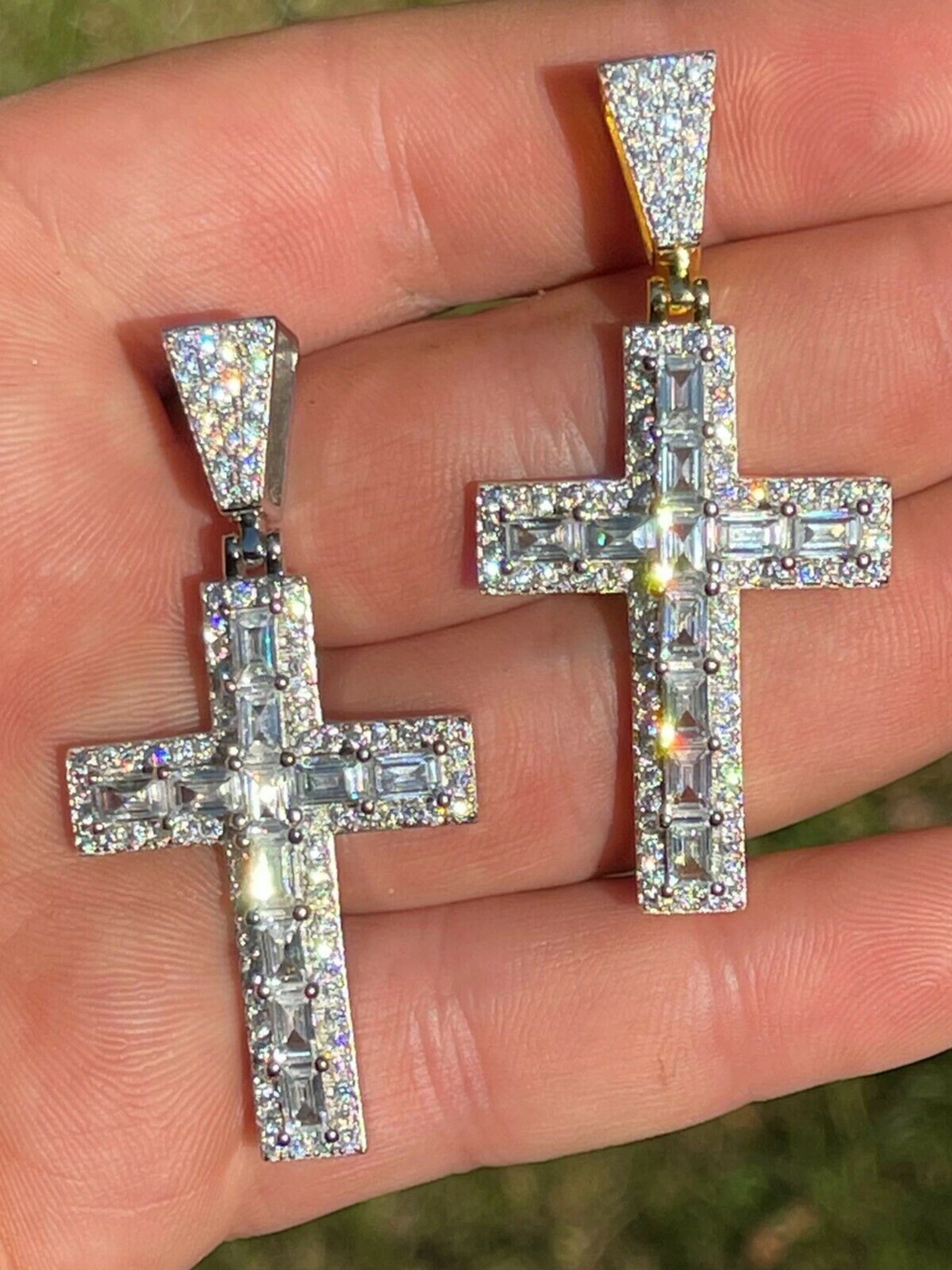 Mens 925 Sterling Baguette Diamond Tennis Cross Pendant Iced Gold Silver Hip Hop 3 Mens 925 Sterling Baguette Diamond Tennis Cross Pendant Iced Gold Silver Hip Hop
