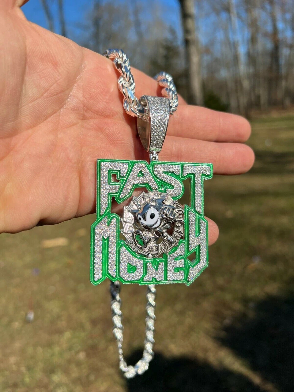 Real 925 Silver Gold Glows In Dark FAST MONEY Sonic Big Hip Hop Pendant Necklace 6 Real 925 Silver Gold Glows In Dark FAST MONEY Sonic Big Hip Hop Pendant Necklace - Image 4