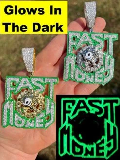 Real 925 Silver Gold Glows In Dark FAST MONEY Sonic Big Hip Hop Pendant Necklace