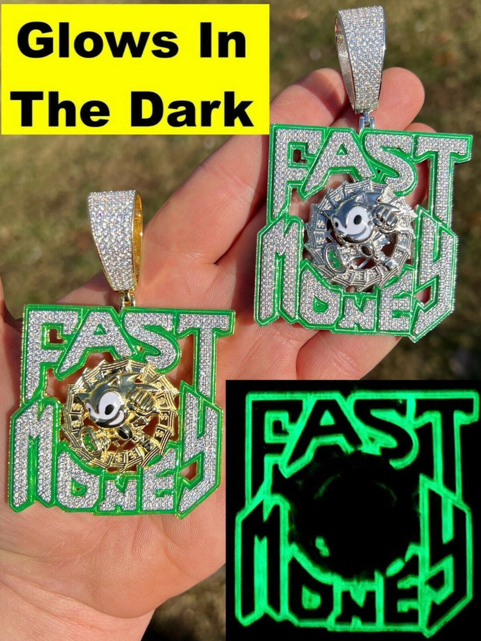 Real 925 Silver Gold Glows In Dark FAST MONEY Sonic Big Hip Hop Pendant Necklace 3 Real 925 Silver Gold Glows In Dark FAST MONEY Sonic Big Hip Hop Pendant Necklace