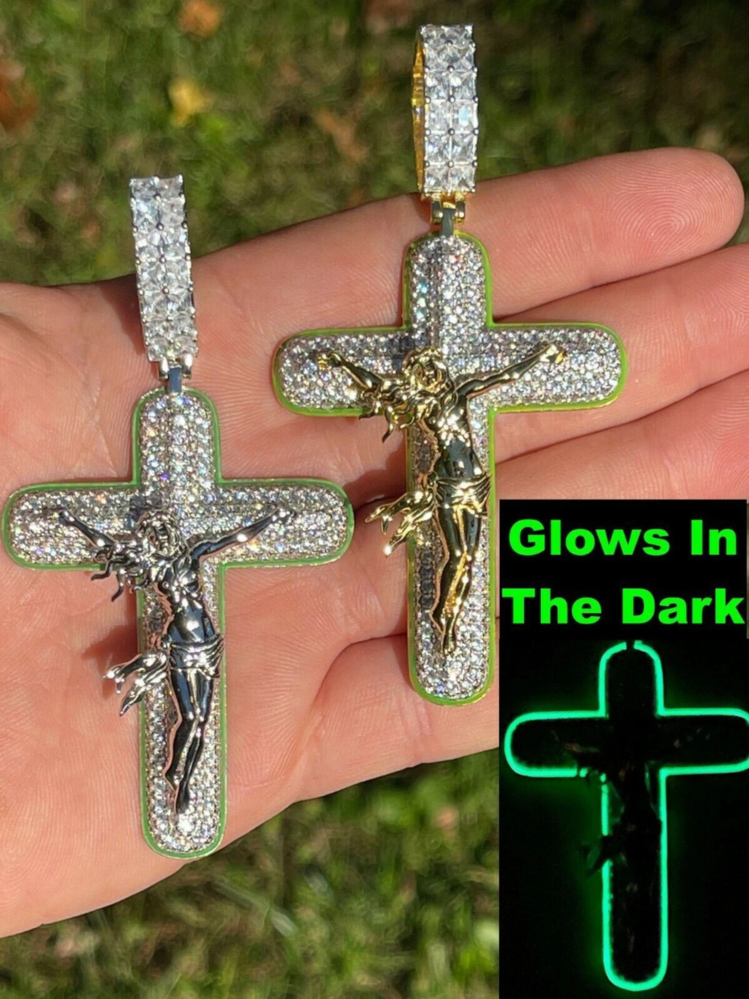 Real 925 Silver Gold HUGE 3.5" Glow In Dark Cross W. Jesus Iced Pendant Necklace 3 Real 925 Silver Gold HUGE 3.5" Glow In Dark Cross W. Jesus Iced Pendant Necklace