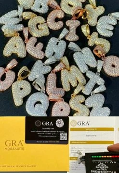 Real Moissanite Bubble Letter Gold Silver Initial Pendant Iced Pass Diamond Test