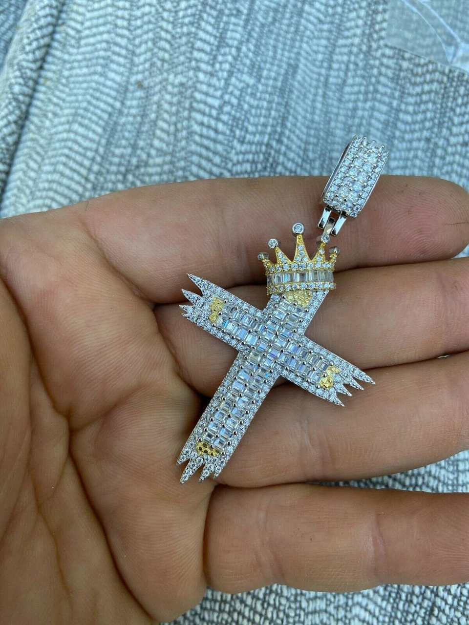 Solid 925 Sterling Silver Large Men’s Cross W. Crown Pendant Baguette Diamond 4 Solid 925 Sterling Silver Large Men’s Cross W. Crown Pendant Baguette Diamond - Image 2