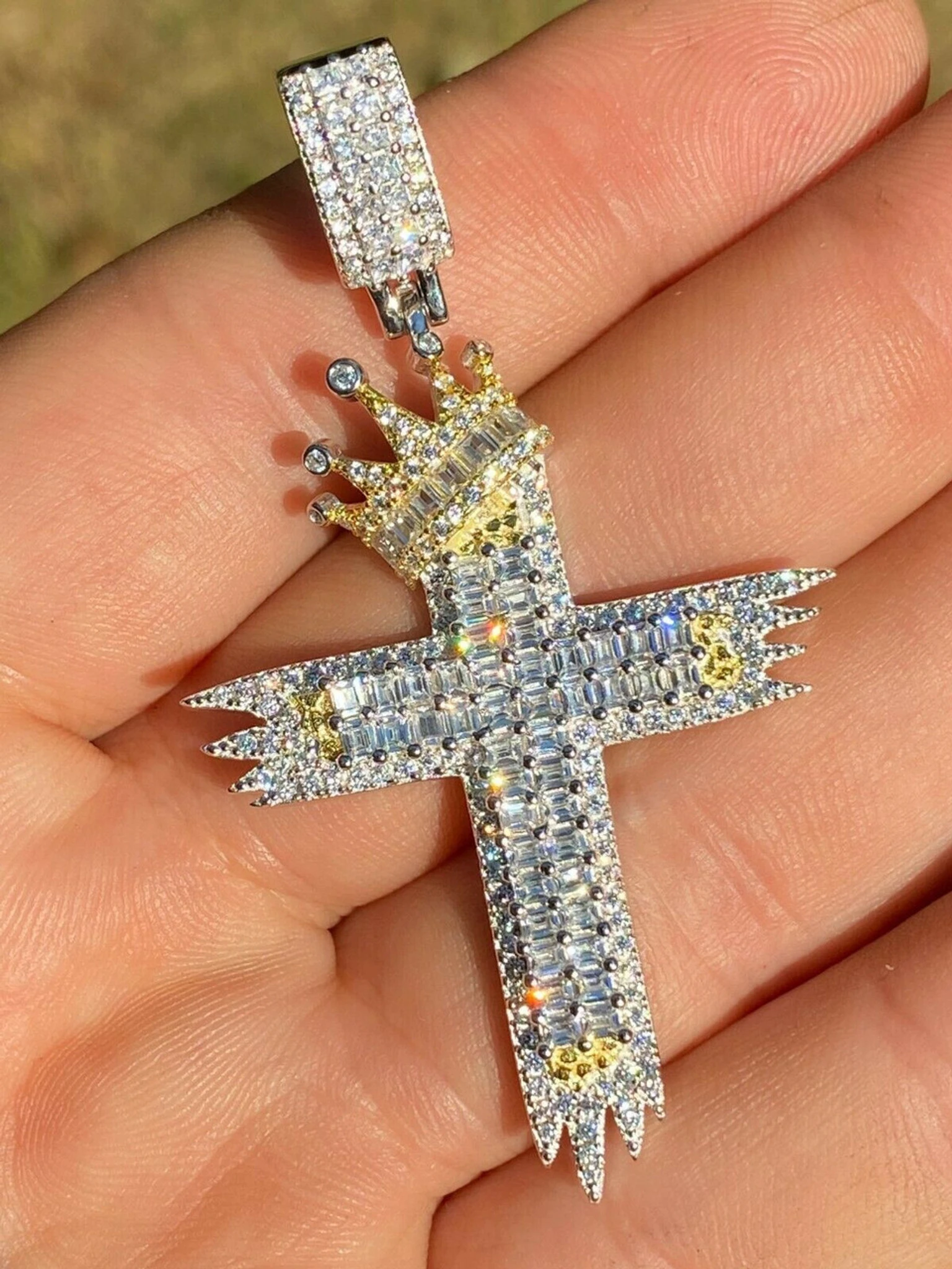 Solid 925 Sterling Silver Large Men’s Cross W. Crown Pendant Baguette Diamond 3 Solid 925 Sterling Silver Large Men’s Cross W. Crown Pendant Baguette Diamond