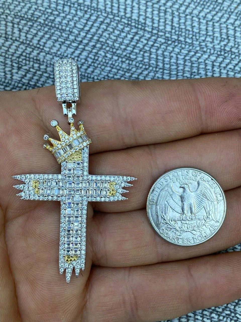 Solid 925 Sterling Silver Large Men’s Cross W. Crown Pendant Baguette Diamond 6 Solid 925 Sterling Silver Large Men’s Cross W. Crown Pendant Baguette Diamond - Image 4