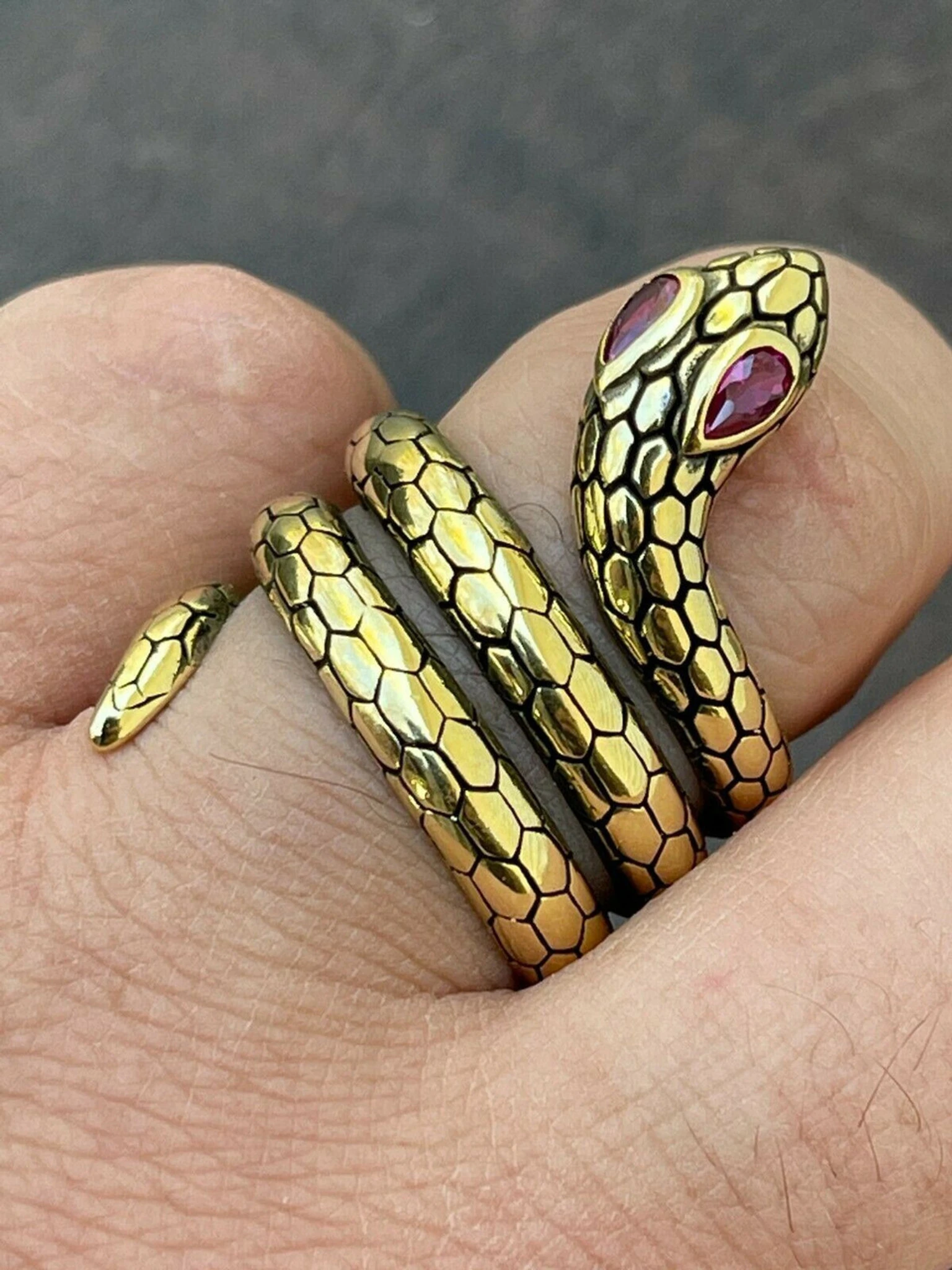 Snake Ring 14K Gold Vermeil 925 Silver Wrap Around Cobra W. Ruby Eyes Sizes 5-12 3 Snake Ring 14K Gold Vermeil 925 Silver Wrap Around Cobra W. Ruby Eyes Sizes 5-12