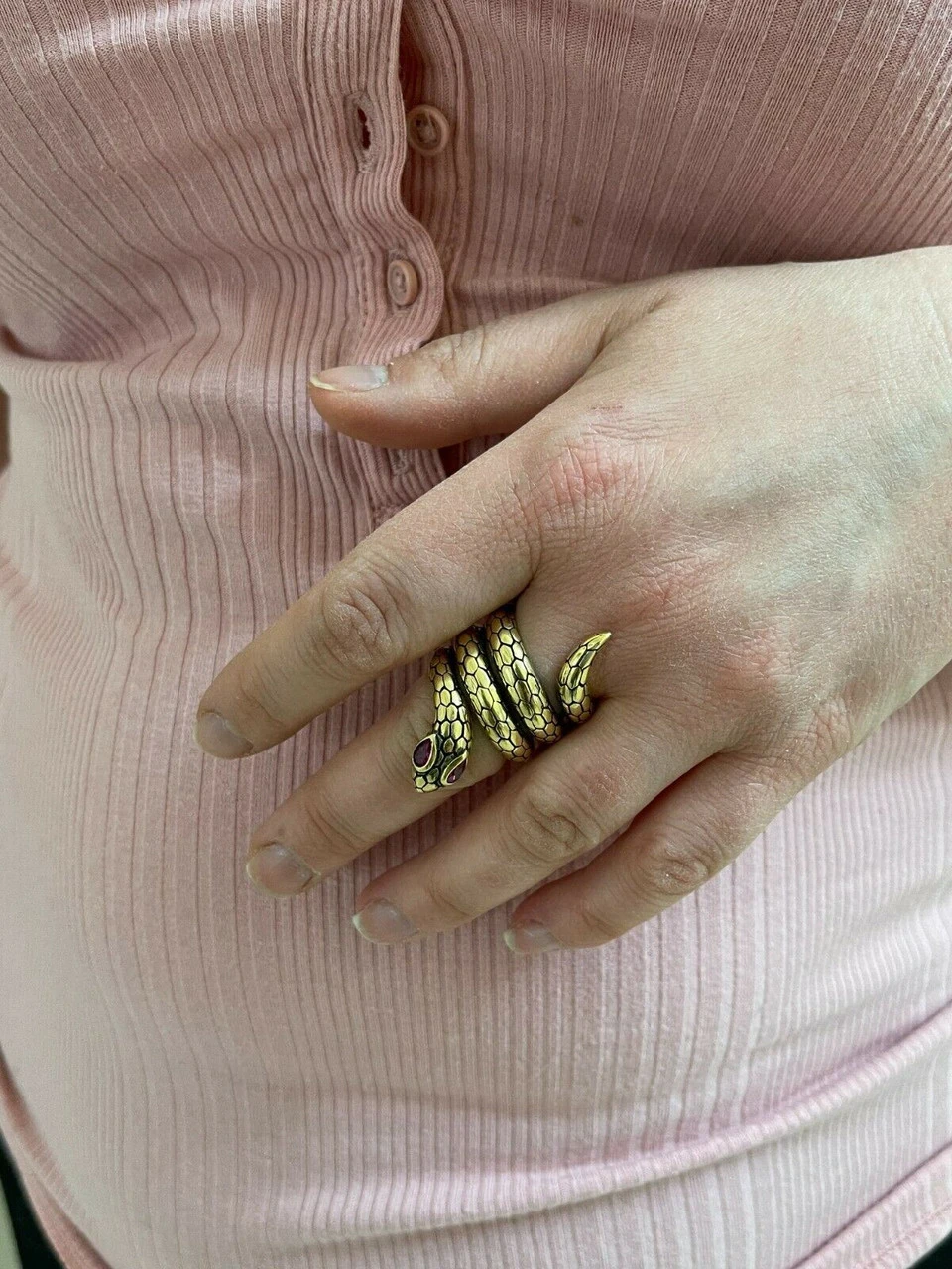 Snake Ring 14K Gold Vermeil 925 Silver Wrap Around Cobra W. Ruby Eyes Sizes 5-12 14 Snake Ring 14K Gold Vermeil 925 Silver Wrap Around Cobra W. Ruby Eyes Sizes 5-12 - Image 12