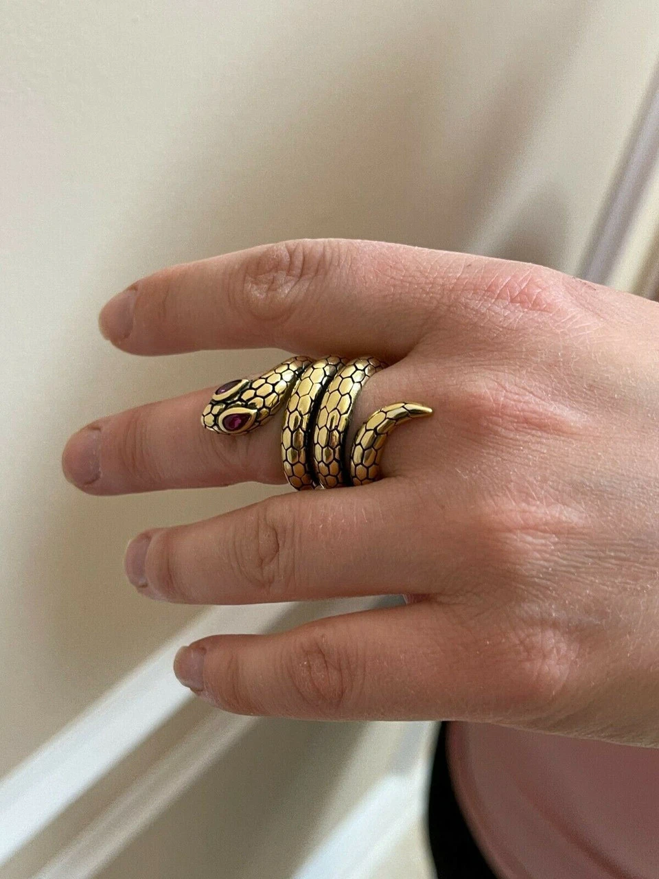Snake Ring 14K Gold Vermeil 925 Silver Wrap Around Cobra W. Ruby Eyes Sizes 5-12 4 Snake Ring 14K Gold Vermeil 925 Silver Wrap Around Cobra W. Ruby Eyes Sizes 5-12 - Image 2