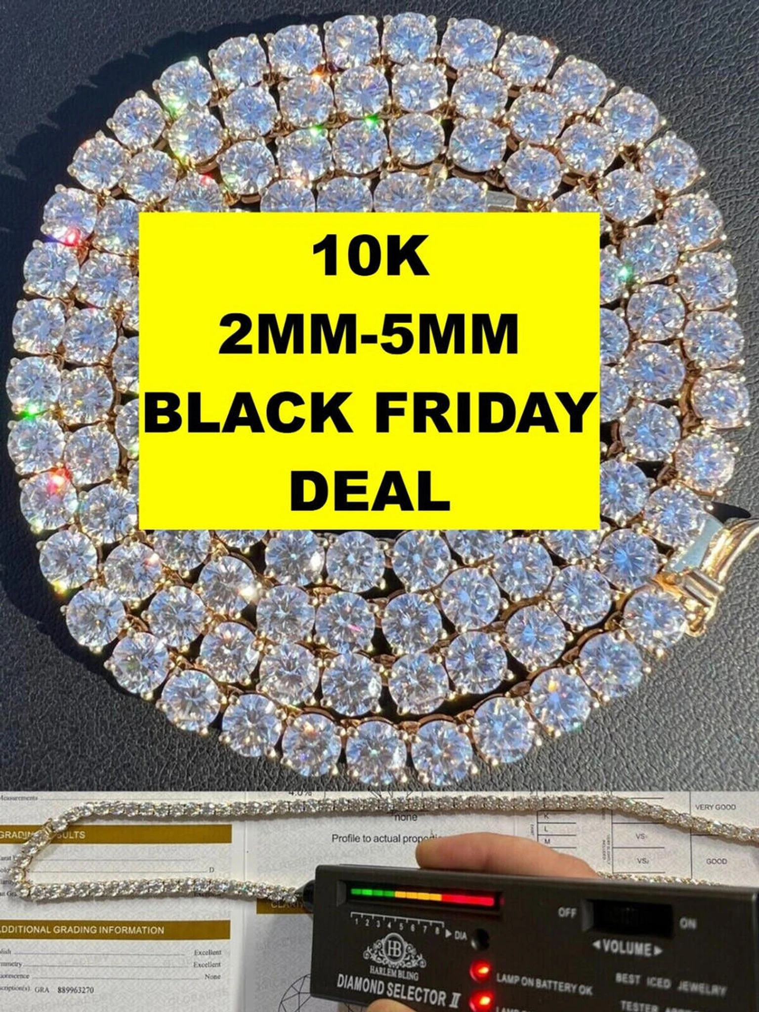 Solid 10k Yellow Gold Iced Moissanite Tennis Chain Bracelet Necklace Mens Ladies 3 Solid 10k Yellow Gold Iced Moissanite Tennis Chain Bracelet Necklace Mens Ladies