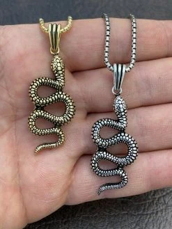 Solid 925 Sterling Silver Cobra Snake Viper Pendant Gold Necklace Large 1.75"