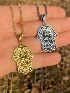 Solid 925 Sterling Silver Hamsa Hand Of Fatima Pendant Gold Necklace Large 1.75" -Harlem Bling Shop solid 925 sterling silver hamsa hand of fatima pendant gold necklace large 1.75 09978.1664374913