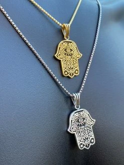 Solid 925 Sterling Silver Hamsa Hand Of Fatima Pendant Gold Necklace Large 1.75" -Harlem Bling Shop solid 925 sterling silver hamsa hand of fatima pendant gold necklace large 1.75 72474.1664373226