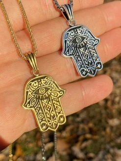 Solid 925 Sterling Silver Hamsa Hand Of Fatima Pendant Gold Necklace Large 1.75"