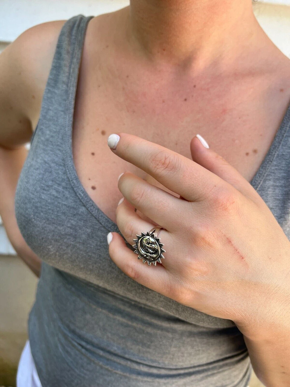 Solid 925 Sterling Silver Oxidized Celestial Crescent Sun & Moon Ring BoHo Ring 10 Solid 925 Sterling Silver Oxidized Celestial Crescent Sun & Moon Ring BoHo Ring - Image 8