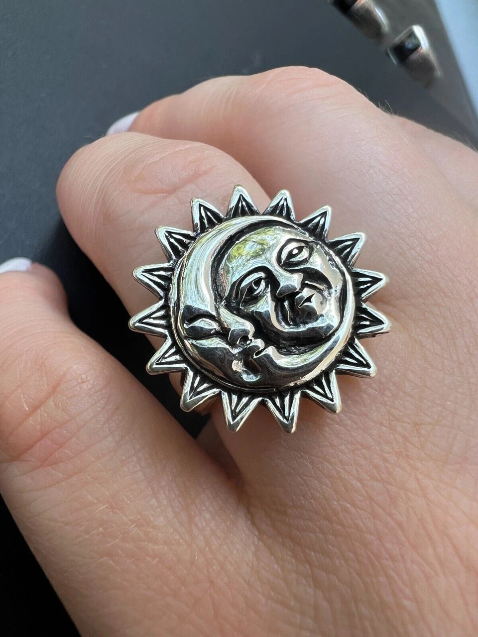 Solid 925 Sterling Silver Oxidized Celestial Crescent Sun & Moon Ring BoHo Ring 5 Solid 925 Sterling Silver Oxidized Celestial Crescent Sun & Moon Ring BoHo Ring - Image 3
