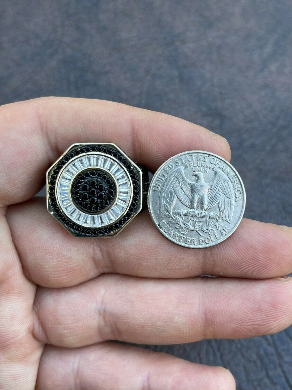 Solid Real 925 Sterling Silver & 14k Gold Iced Black Diamond Baguette Pinky Ring 6 Solid Real 925 Sterling Silver & 14k Gold Iced Black Diamond Baguette Pinky Ring - Image 4