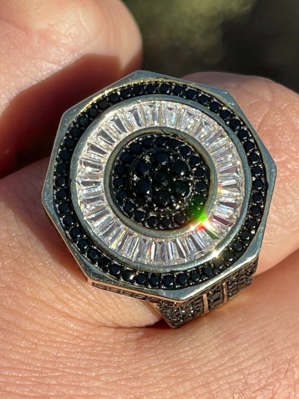 Solid Real 925 Sterling Silver & 14k Gold Iced Black Diamond Baguette Pinky Ring 4 Solid Real 925 Sterling Silver & 14k Gold Iced Black Diamond Baguette Pinky Ring - Image 2