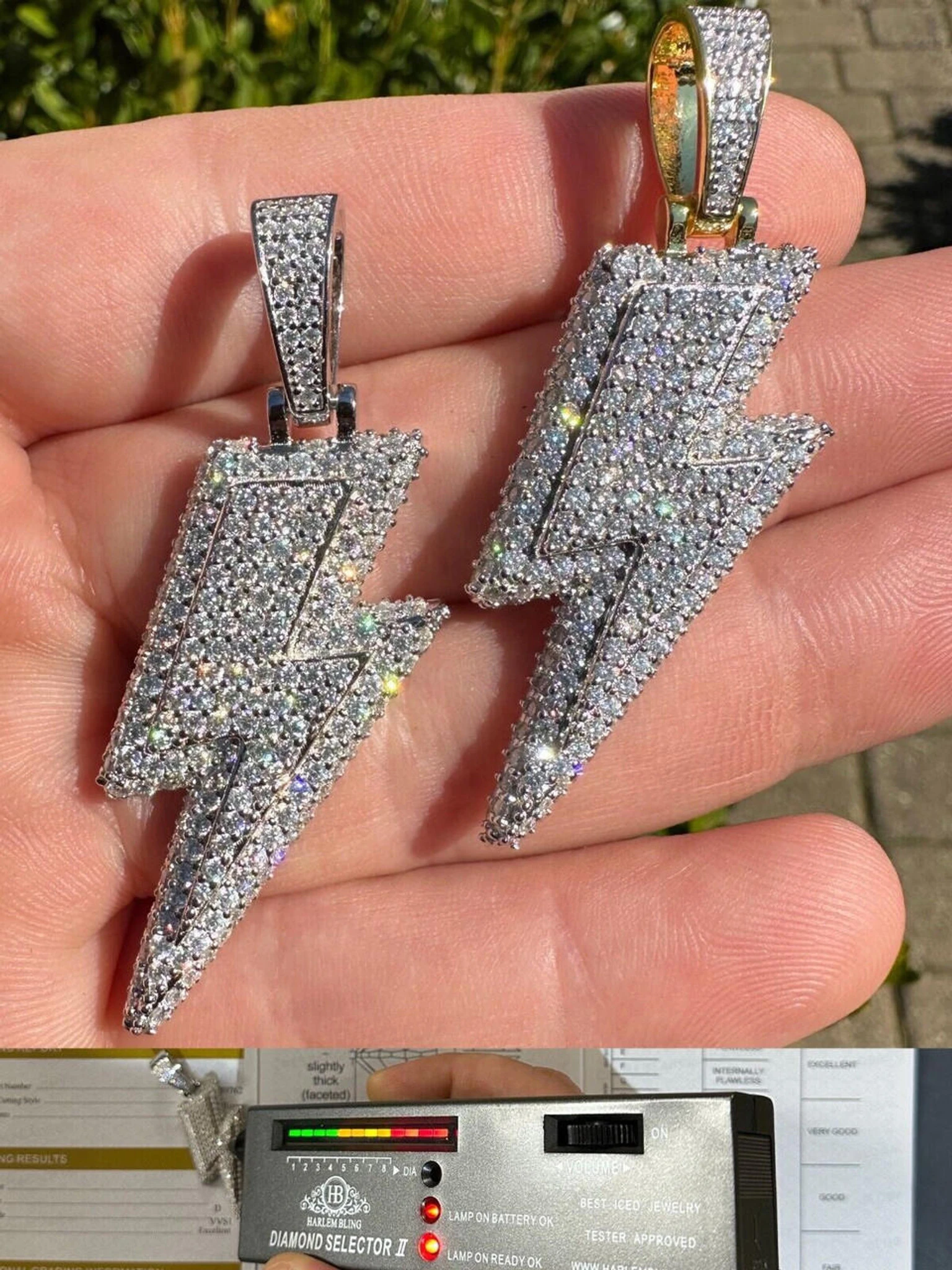 VVS MOISSANITE Iced Hip Hop Real Silver / Gold Lightning Bolt Necklace Pendant 3 VVS MOISSANITE Iced Hip Hop Real Silver / Gold Lightning Bolt Necklace Pendant